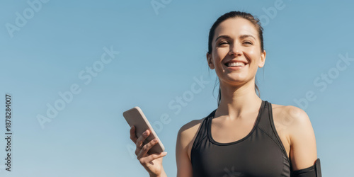 Fitness fit woman happy athlete with running run training marathon blue sport african runner breath breathing smile under clear sky during outdoor cardio exercise