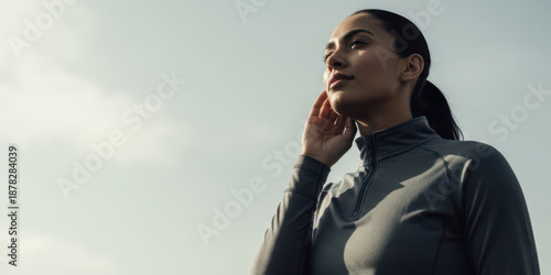 Fitness fit woman happy athlete with running run training marathon blue sport african runner breath breathing smile confident woman runner blue sport top enjoy training with deep breath and gentle