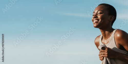 Fitness fit woman happy athlete with running run training marathon blue sport african runner breath breathing smile under blue sky after outdoor workout
