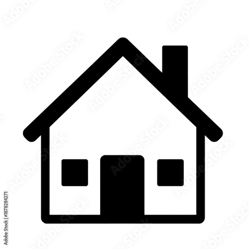 Simple house line icon with chimney and windows.