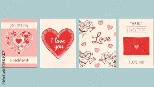 Set of four romantic Valentine's Day greeting card templates featuring Cupid, love letters, hearts, and sweet typography, cad drawing flat vector illustration (21 words)