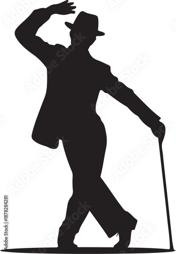 Silhouette of a man in a hat walking with a cane