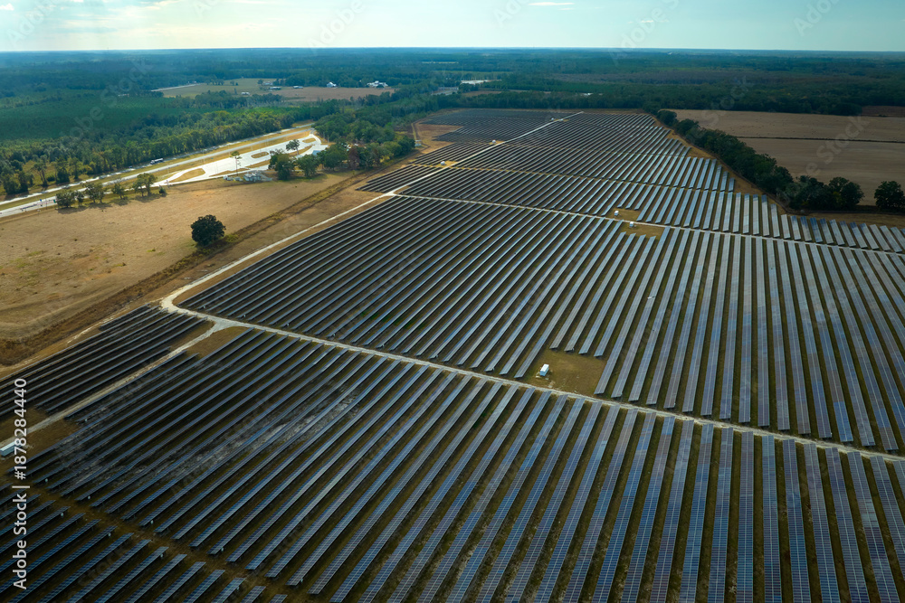 Fototapeta premium Aerial view of big sustainable electric power plant with many rows of solar photovoltaic panels for producing clean electrical energy. Renewable electricity with zero emission concept