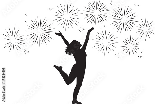Silhouette of a person dancing with fireworks in the background