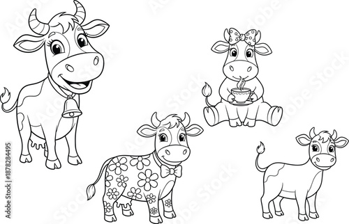 Cute Cartoon Cow Character Set for Kids Coloring Page Featuring Happy Farm Animals Cow with Bell Flower Pattern Bow Tie and Tea Cup