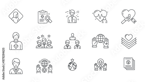 Set of modern line style icons for charity and social causes