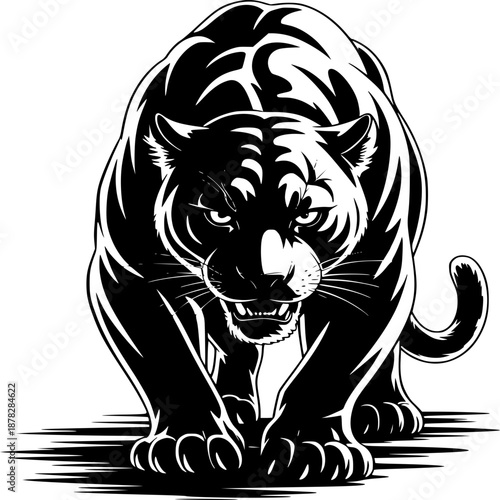 Jaguar's Intensity: A bold jaguar is depicted in monochrome, poised with a menacing gaze, exuding power and raw predatory instinct.