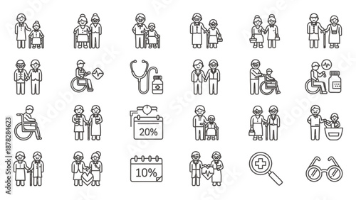 Elderly care and health icons for medical and social themes