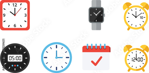 Flat Vector Icon Set of Clocks Watches Alarm Clocks and Calendar for Time Management Scheduling Productivity Deadlines Organization and Business Planning Design Elements Collection