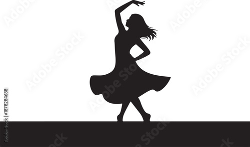 Silhouette of a woman dancing with flowing hair and dress