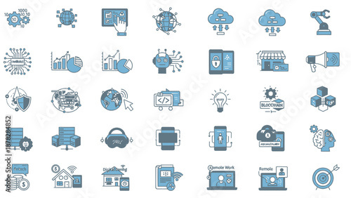 Collection of modern digital technology and business icons for commercial use