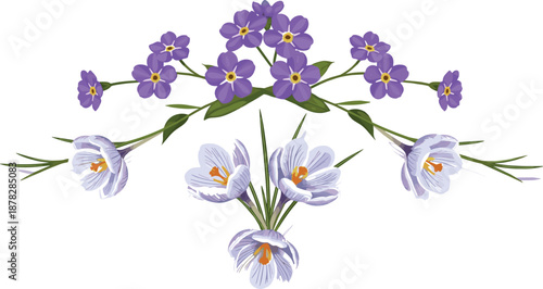 Decorative floral arrangement featuring purple five-petaled flowers and crocus blooms with orange stamens, styled symmetrically for elegant design and botanical beauty.