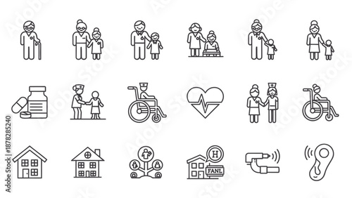 Elderly care and healthcare services concept icons