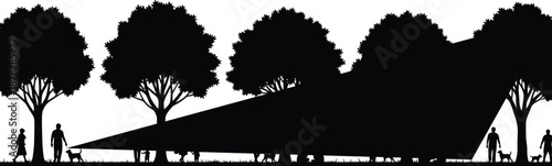 Black Vector Silhouette Illustration of People Relaxing in a Park with Dogs Under Four Large Trees Isolated on White Background