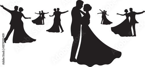 Silhouettes of couples dancing in formal attire ballroom