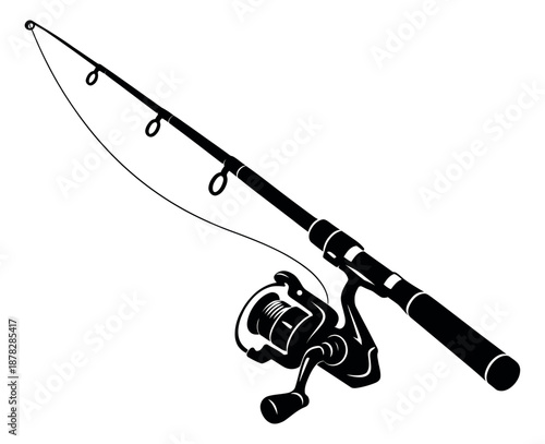 Line art illustration of a fishing rod and reel depicting fishing gear for outdoor hobbies