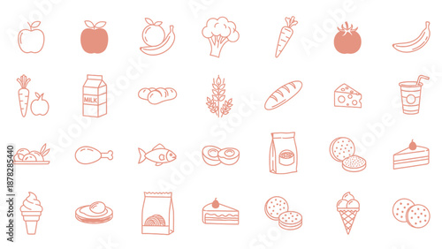 Colorful food icons for healthy eating and nutrition concepts