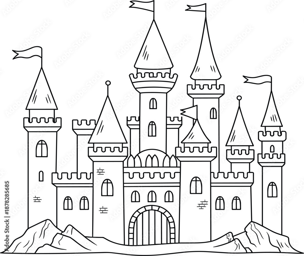 Fototapeta premium Majestic fairy tale castle with multiple towers and flags hand drawn black and white vector