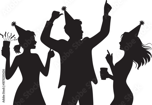 Silhouettes of four people celebrating with party hats and drinks