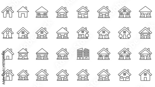 Collection of modern house and building icons in simple line style