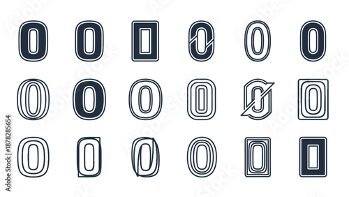 Collection of stylized zero numbers in various designs and fonts