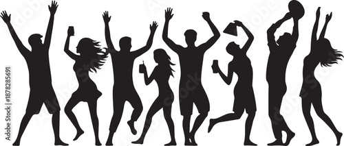 Silhouettes of people dancing and celebrating with raised arms and a basketball