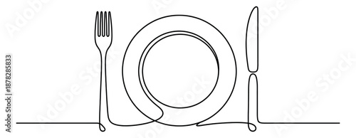 Continuous line art dinnerware set featuring a fork, knife, and plate for dining and food service designs