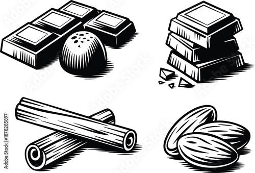 Set of hand drawn chocolate bar pieces, truffle, cinnamon sticks and almond nuts black vector illustration
