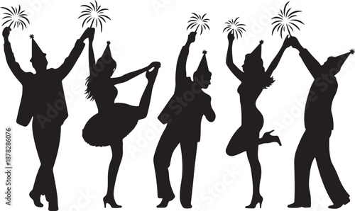 Silhouettes of people dancing with sparklers in the air