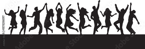 Silhouettes of people jumping and dancing on white background