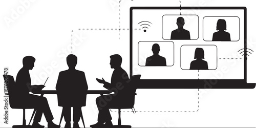 Three people in meeting with conference participants on screen