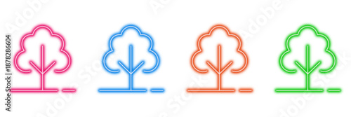 Neon glowing tree vector icons set, nature, ecology, environment, plant, forest, garden, vibrant colorful digital design illustration on transparent background.
