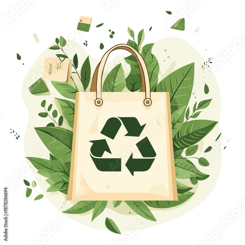 Illustration showing a reusable bag with recycle symbol surrounded by leaves and a tag on a white background , vector style simple color