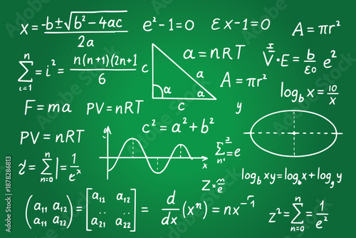 Educational vector art showing math and physics formulas on a green chalkboard, filled with symbols, numbers, and equations that represent learning, science, logic, and classroom study.