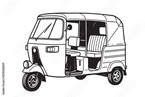 Vector artwork of an Indian public tuk tuk taxi used for city travel, designed in a 3D cart style to express Asian road transport culture, mobility services, and urban trip symbolism.