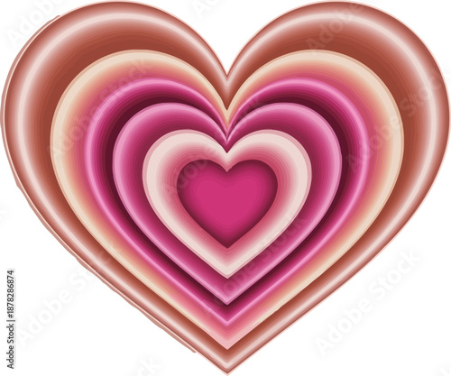 Multilayered heart design with pink and red gradient colors on beige background.