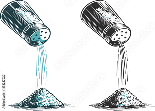 Set of vintage hand drawn salt shakers pouring salt crystals in blue and black vector illustration