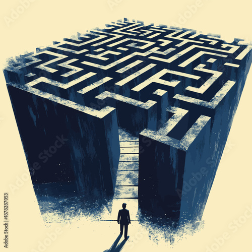 A lone figure stands before a colossal cube maze with intricate pathways and a complex structure design , vector style simple color