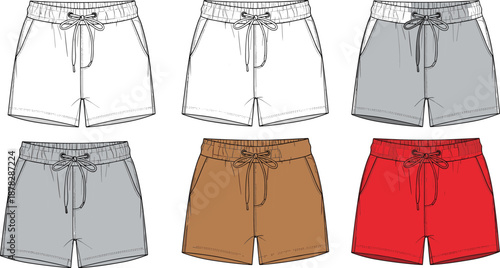 Technical Fashion Flat Sketch of Men Short Pants with Elastic Waistband and Drawstring Set in Multiple Colors for Apparel Design and Manufacturing Tech Pack