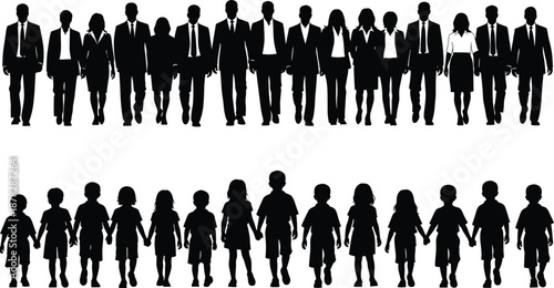 Black Silhouette Vector Illustrations of Corporate Business Professionals in Formal Suits and Rows of Young Children Walking Forward Representing Future Career Growth and Leadership