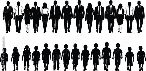 Black Silhouette Vector Illustrations of Corporate Business Professionals in Formal Attire and a Group of Children Walking Forward Representing Future Career Growth and Success