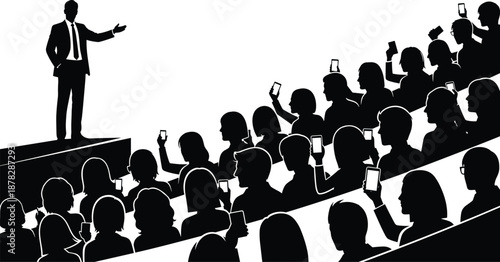 Black Silhouette Vector Illustration of a Speaker Giving a Presentation to a Large Audience Recording with Smartphones in a Conference Hall for Modern Business Communication