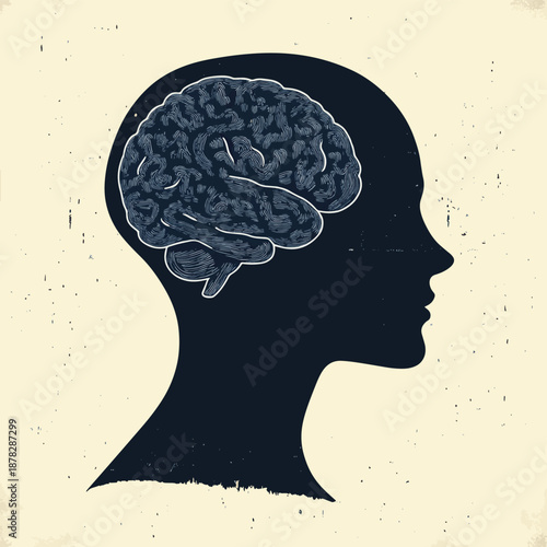 human head silhouette with brain , vector style simple color