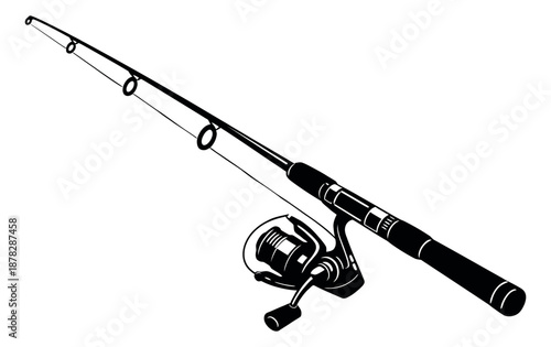 Line art illustration of a fishing rod depicting a spinning reel for angling sports