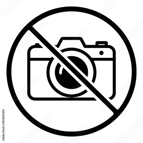 Line art illustration of a camera symbol depicting photography prohibition for informative signage