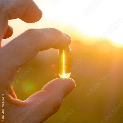 A hand holding a translucent golden capsule up to the sun