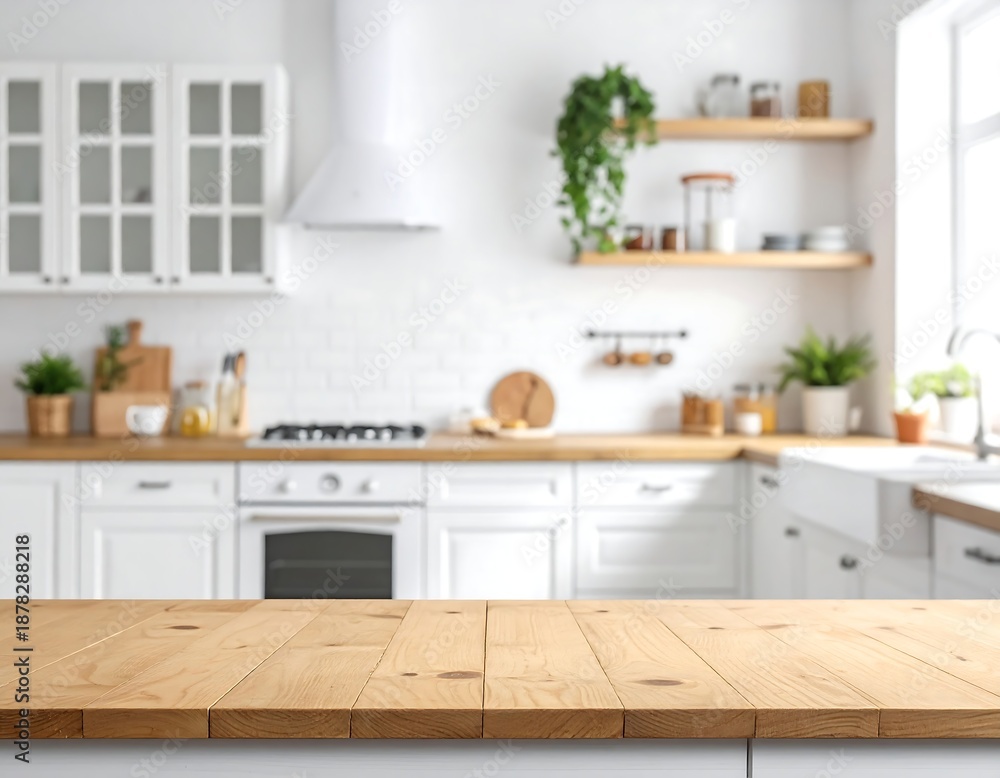 Fototapeta premium A bright kitchen interior with wooden countertop and white cabinets