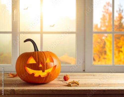 A jack-o-lantern sits on a wooden table by a window with a view of autumn trees