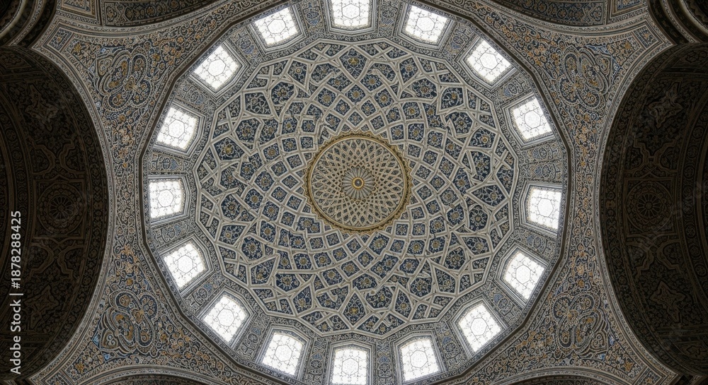 Obraz premium Intricate Islamic Dome Ceiling with Geometric Patterns and Natural Light.