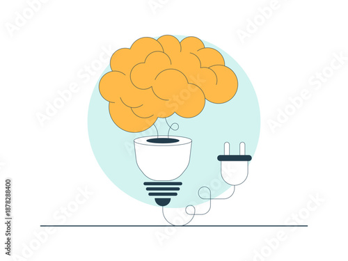 The image combines a brain and a lightbulb, symbolizing the fusion of intellect and new ideas. Brainstorming illustration. Flat vector concept.